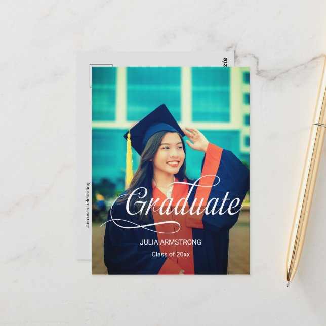 Postale Carte de graduation de script simple photo moderne (Devant/Arrière en situation)