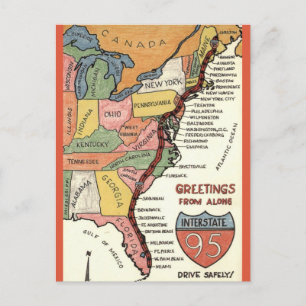 Postale Carte de la côte Est coloriée à la main
