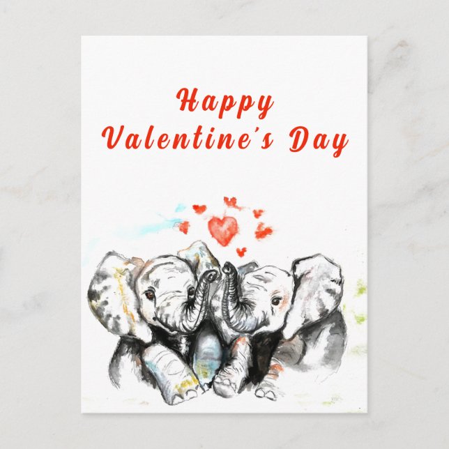 Postale Carte de la Saint-Valentin Éléphants Couple Mignon (Devant)
