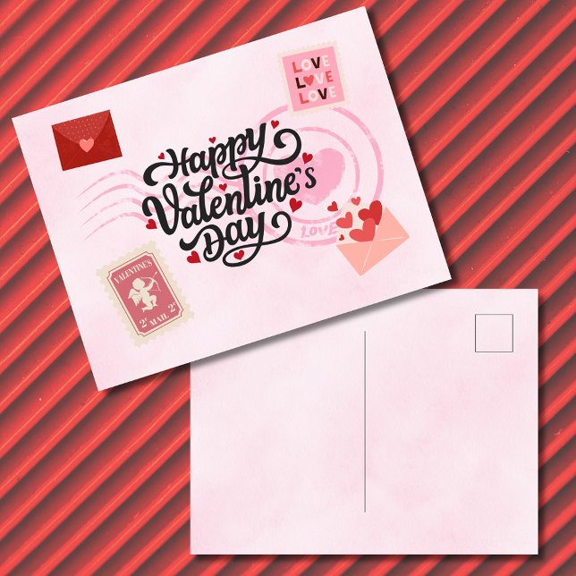 Postale Carte de la Saint-Valentin pour correspondant (Valentine's Day, Pen pal themed postcard.  Front and Back displayed.)