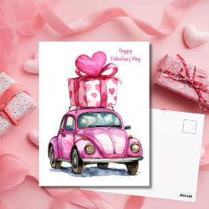 Postale Carte de la Saint-Valentin voiture rose mignonne