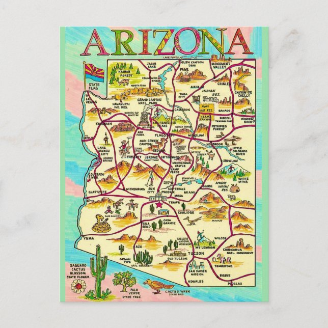 Postale Carte de l'Arizona illustrée colorée (Devant)