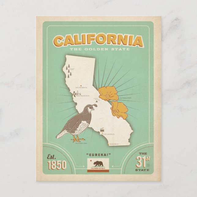 Postale Carte de l'État de Californie | L'État d'or (Devant)