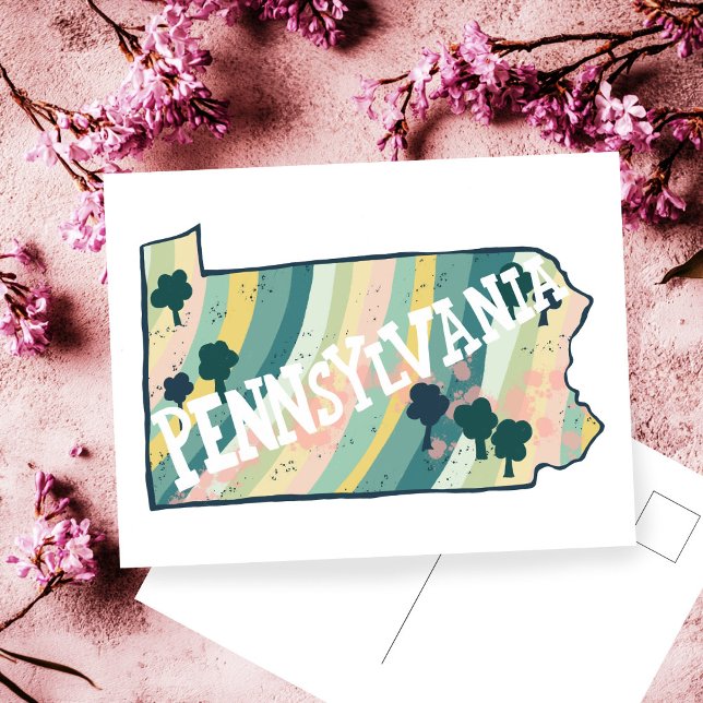 Postale Carte de l'État de Pennsylvanie illustrée en gras  (Pennsylvania State Map Illustrated Bold Colorful Postcard
)