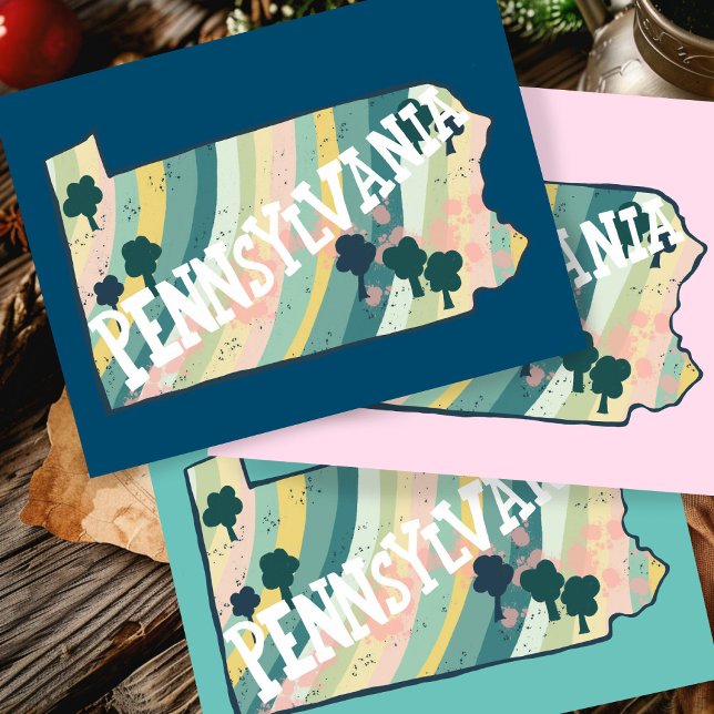 Postale Carte de l'État de Pennsylvanie illustrée en gras  (Pennsylvania State Map Illustrated Bold Colorful Postcard
)