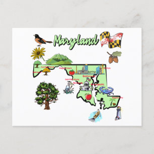 Postale carte de l'état du Maryland, États-Unis, grandes v