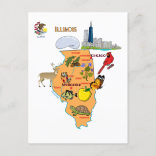 Postale Carte de l'Illinois avec destinations touristiques