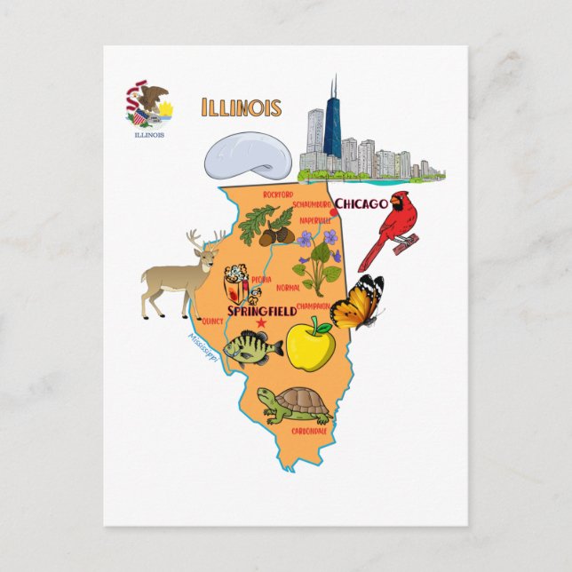 Postale Carte de l'Illinois avec destinations touristiques (Devant)
