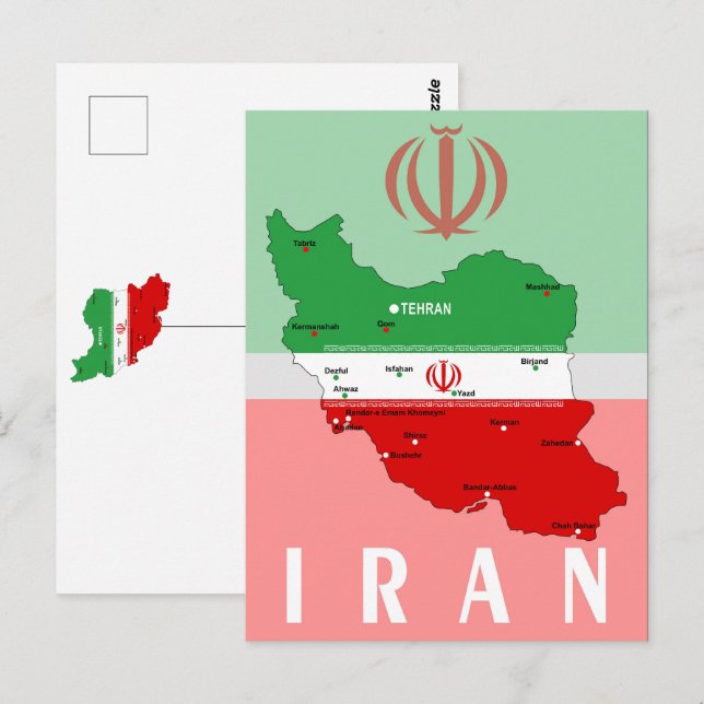 Postale Carte de l'Iran avec drapeau et emblème (Devant / Derrière)