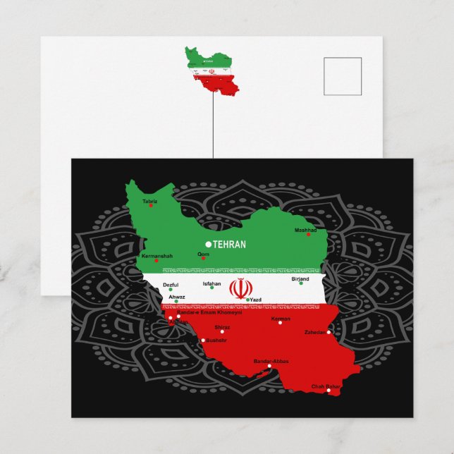 Postale Carte de l'Iran avec drapeau et emblème (Devant / Derrière)