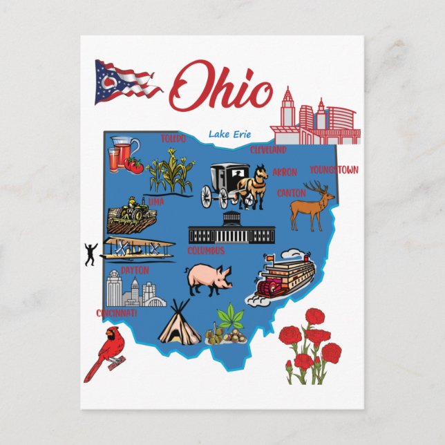 Postale Carte de l'Ohio avec les principales destinations  (Devant)