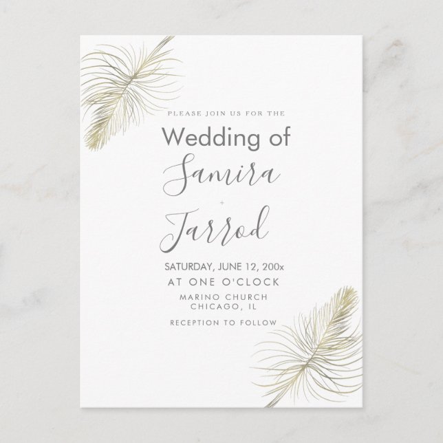 Postale Carte de mariage minimale à plumes dorées (Devant)