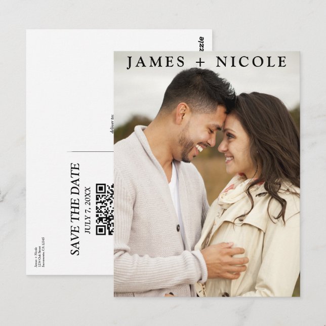 Postale Carte de mariage moderne avec QR Code scannable po (Devant / Derrière)