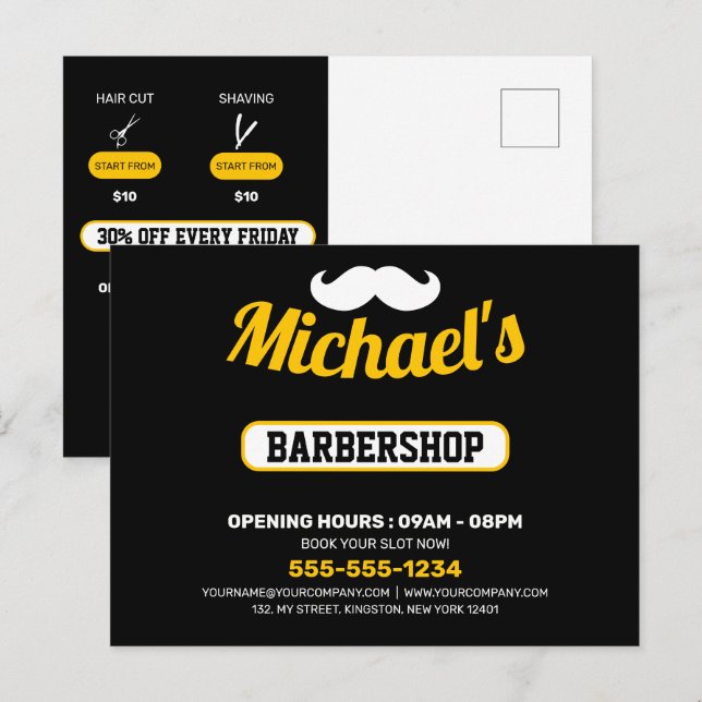 Postale Carte de marketing de salon de coiffure noir et bl (Devant / Derrière)