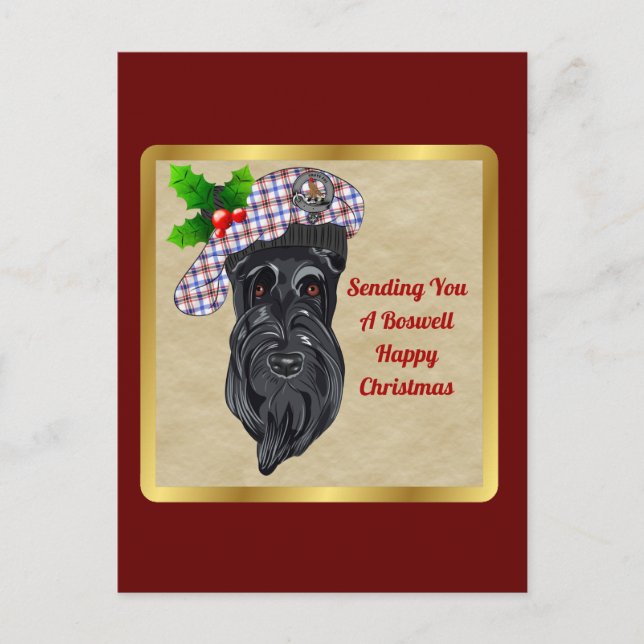 Postale Carte de Noël avec badge et tartan du clan Boswell (Devant)