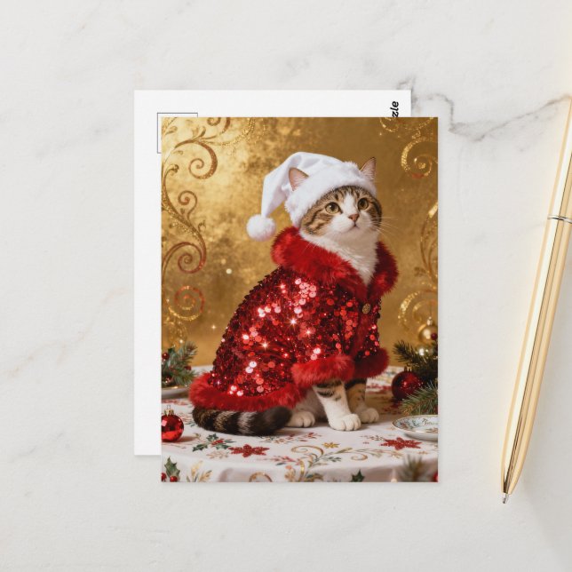 Postale Carte de Noël avec un chat adorable (Devant/Arrière en situation)