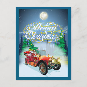 Postale Carte de Noël avec voiture vintage et Père Noël
