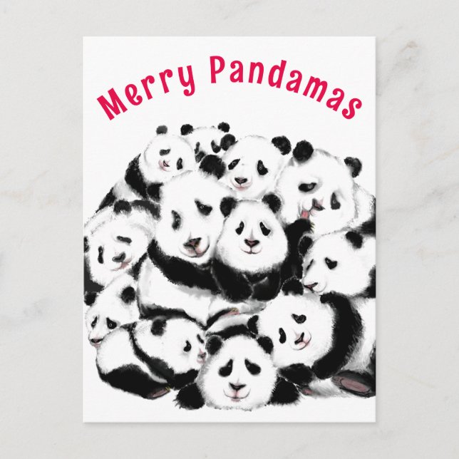 Postale Carte de Noël Bonne famille Pandas - Peinture (Devant)