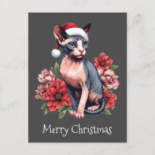 Postale Carte de Noël   Chat Sphynx portant un chapeau de 