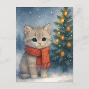 Postale Carte de Noël Chaton Mignon Chat en Écharpe Rouge