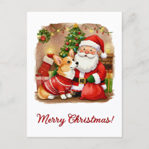 Postale Carte de Noël Corgi et Père Noël