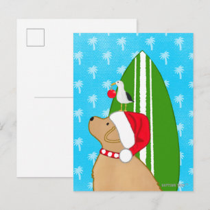 Postale Carte de Noël de chien de planche de surf dorée de