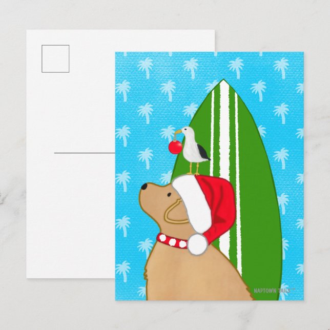 Postale Carte de Noël de chien de planche de surf dorée de (Devant / Derrière)