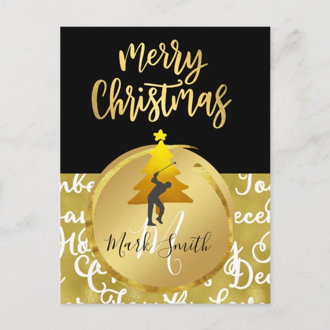 Postale Carte de Noël de golf thème noir et or (Devant)