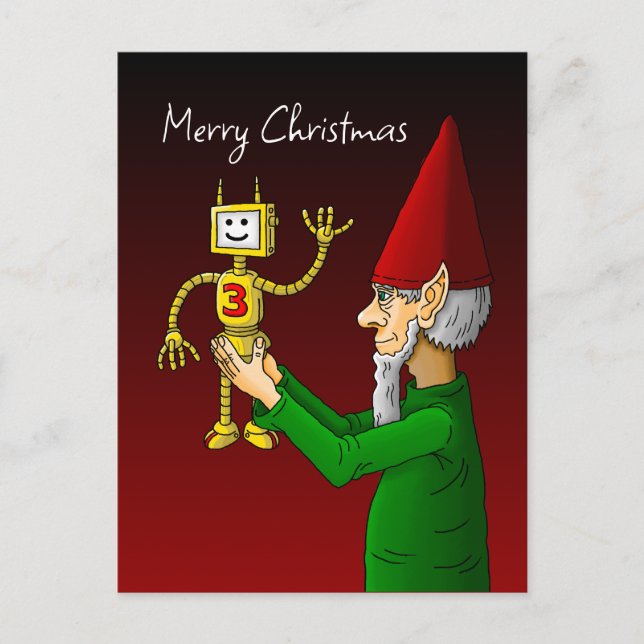 Postale Carte de Noël de lutin et de robot (Devant)