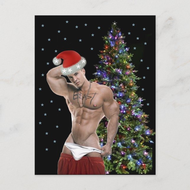 Postale Carte de Noël Hunk Buff Père Noël (Devant)
