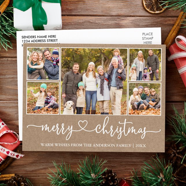 Postale Carte de Noël Kraft Cœur Calligraphie 5 Photo Fête (Customize to change your personalized text size or text style.)