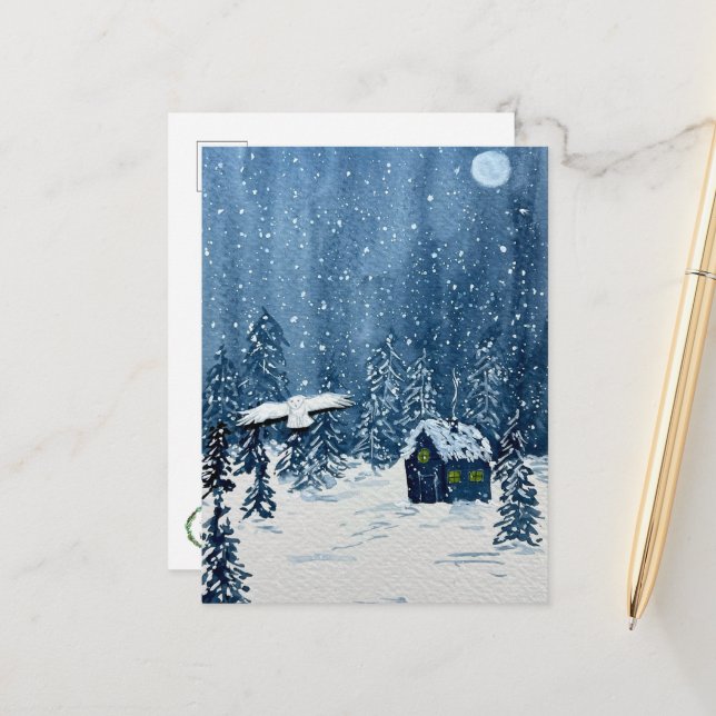 Postale Carte de Noël Pays Merveilleux enneigé (Devant/Arrière en situation)