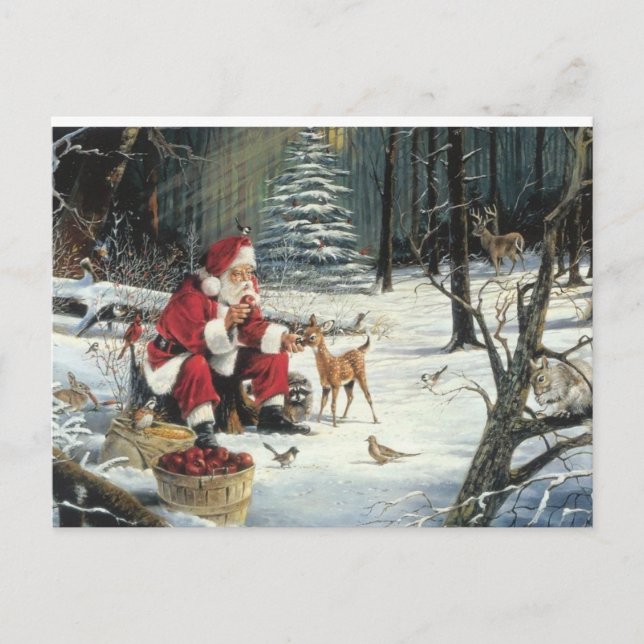 Postale Carte de Noël Père Noël Deer Wildlife (Devant)