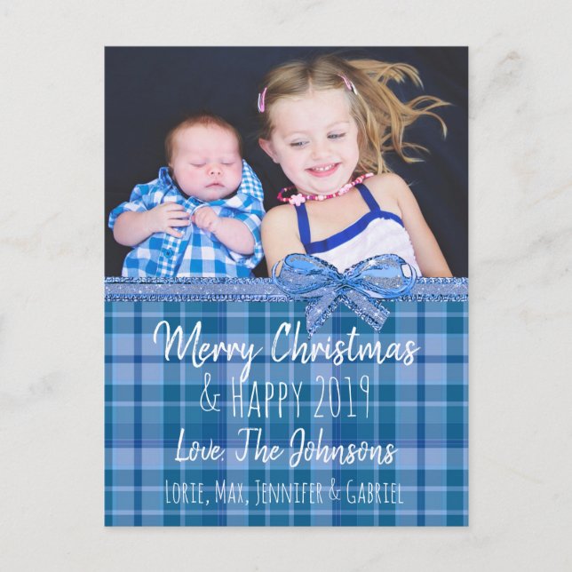 Postale Carte de Noël personnalisée avec photo bleue (Devant)