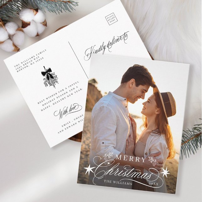 Postale Carte de Noël Photo Calligraphie Romantique (Front & Back)