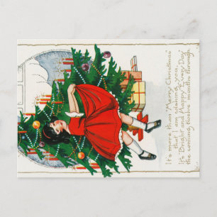 Postale Carte de Noël rétro, enfant et sapin de Noël