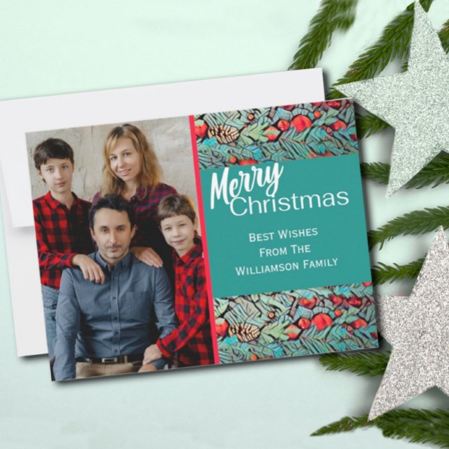Postale Carte de Noël verte et rouge avec photo  (Créateur téléchargé)