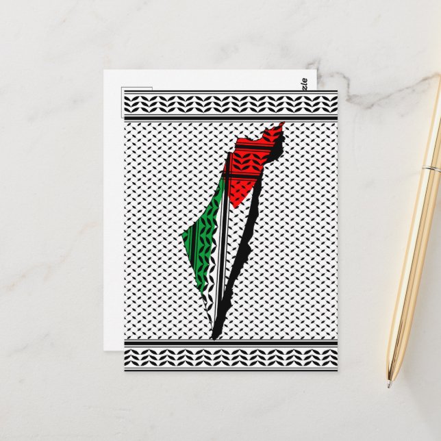 Postale Carte de Palestine avec drapeau et Motif Keffiyeg (Devant/Arrière en situation)