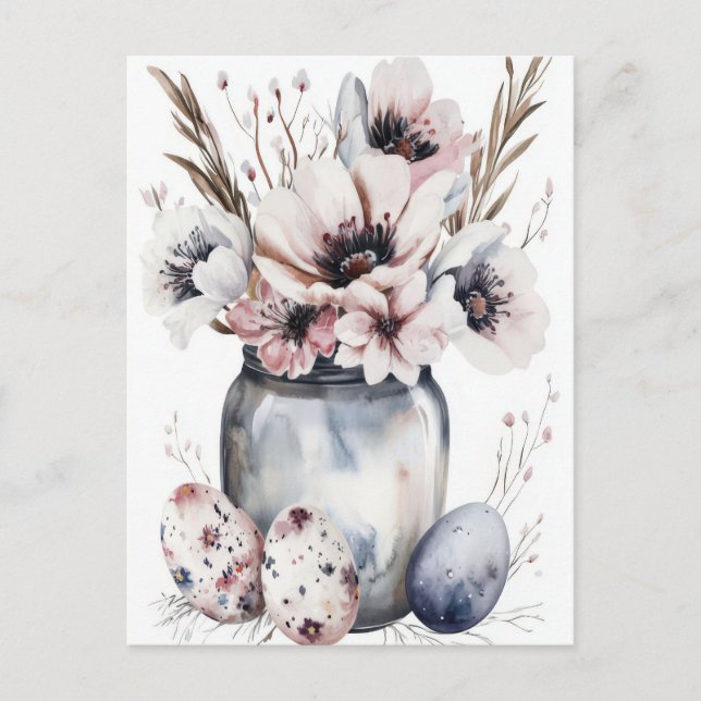 Postale Carte de Pâques à l'aquarelle avec œufs et fleurs (Devant)