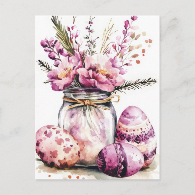 Postale Carte de Pâques à l'aquarelle avec œufs et fleurs (Devant)