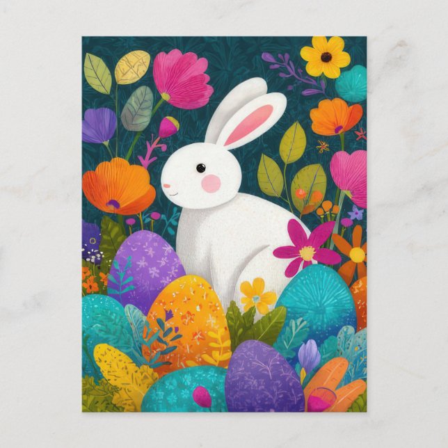 Postale Carte de Pâques avec Fleurs et Lapin de Pâques (Devant)