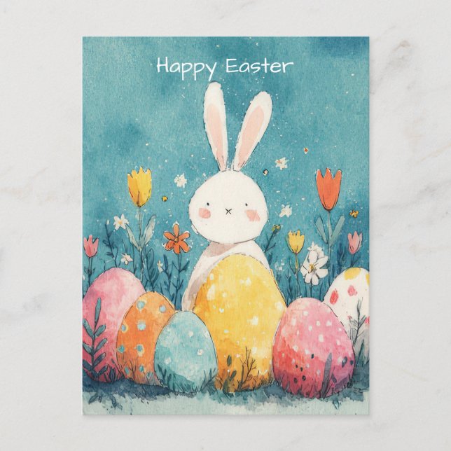 Postale Carte de Pâques avec fleurs et lapin de Pâques (Devant)
