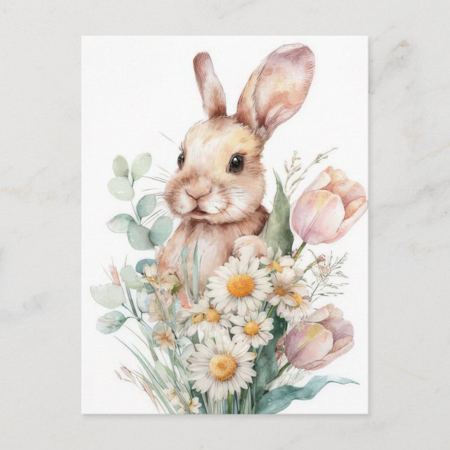 Postale Carte de Pâques avec Fleurs et Lapin de Pâques (Devant)