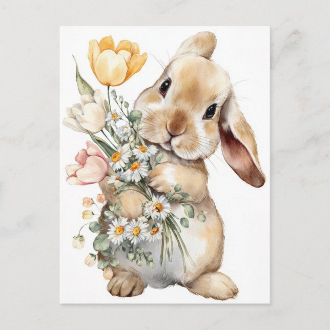 Postale Carte de Pâques avec Fleurs et Lapin de Pâques (Devant)