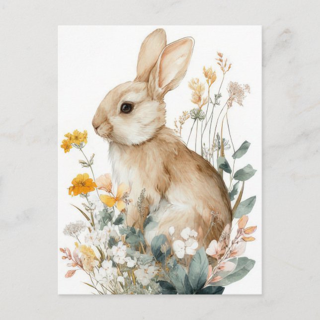 Postale Carte de Pâques avec fleurs et lapin de Pâques (Devant)