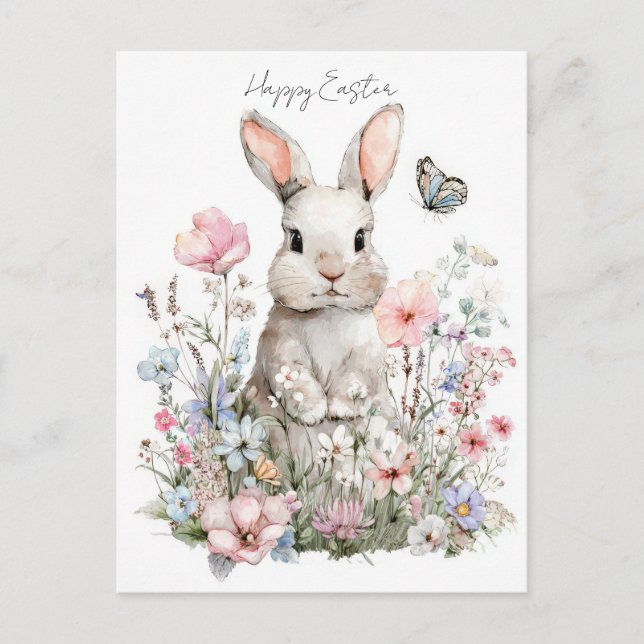 Postale Carte de Pâques avec fleurs et lapin de Pâques (Devant)