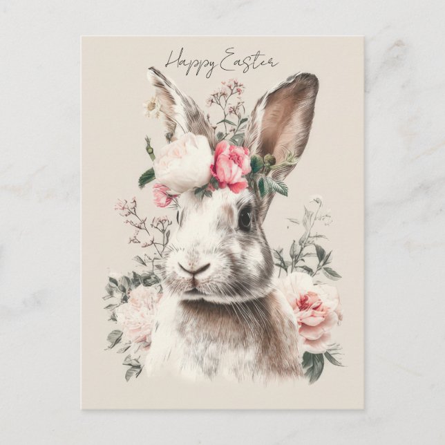 Postale Carte de Pâques avec fleurs et lapin de Pâques (Devant)