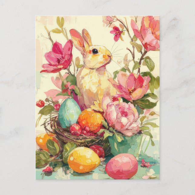 Postale Carte de Pâques avec Fleurs et Lapin de Pâques (Devant)