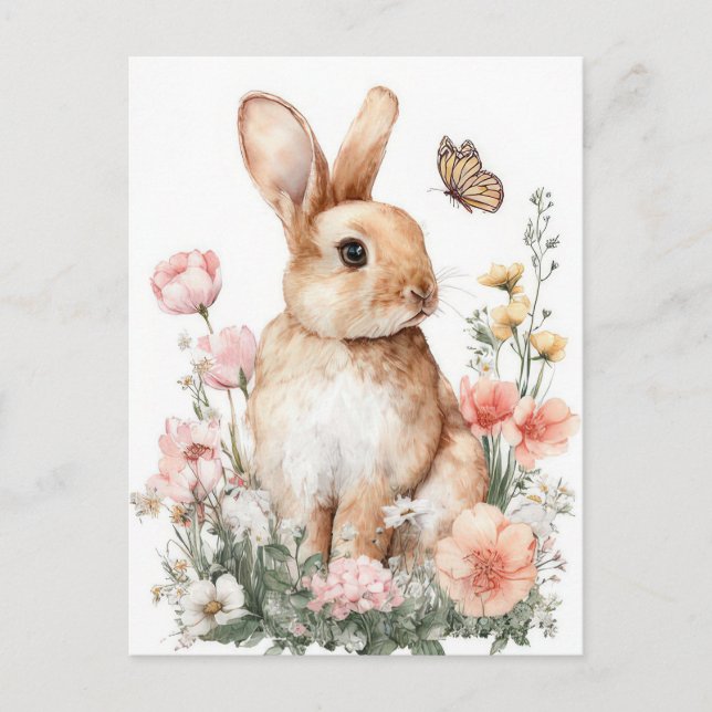 Postale Carte de Pâques avec fleurs et lapin de Pâques (Devant)