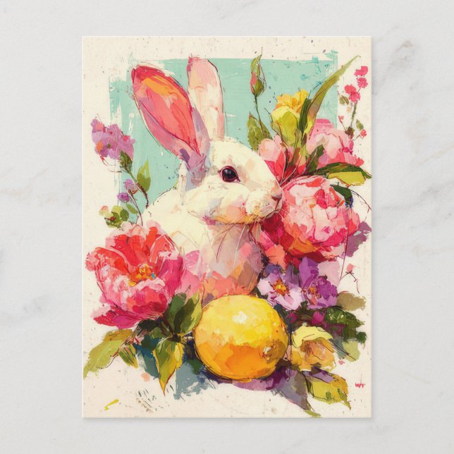 Postale Carte de Pâques avec fleurs et lapin de Pâques (Devant)